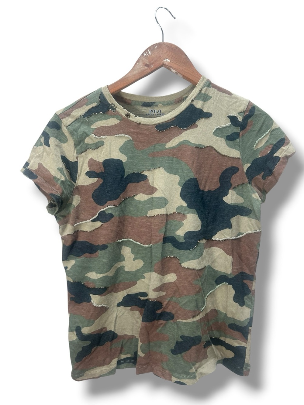 Polo by Ralph Lauren Olive & Brown Camo Distressed Beaded Short Sleeve Size S